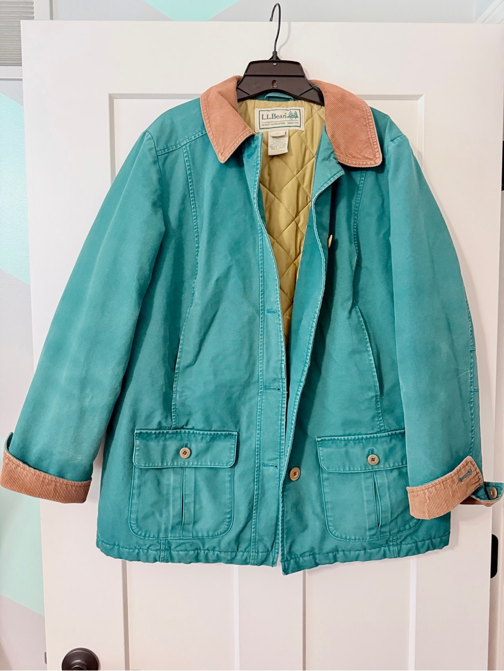 VTG L.L.Bean Barn Coat Jacket Women Medium Green Canvas Corduroy Collar Outdoor